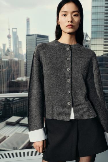 Zara 拼接針織開襟衫 - 斑紋灰色