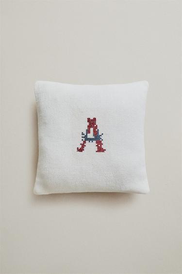 LETTER A EMBROIDERED LINEN CUSHION — Ecru 1