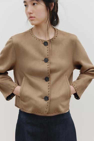 FAUX SUEDE JACKET WITH BRAIDED TRIM - camel by Zara