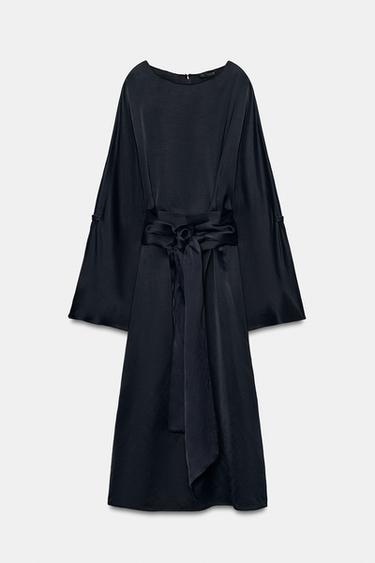 فستان ميدي بحزام مع كتان ZW COLLECTION - أزرق الخاص بـ Zara