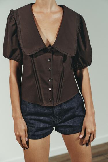 TOP CUELLO BOBO MANGA ABULLONADA - Marrón de Zara