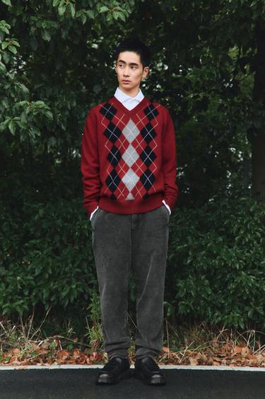 100% WOOL JACQUARD ARGYLE JUMPER - Red by Zara