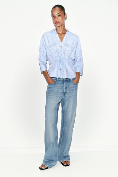 Zara BOW STRIPED SHIRT - Brown-Blue - Image 0