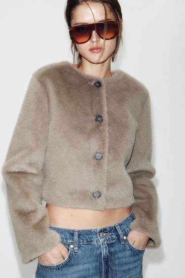 Zara FAUX FUR SHORT JACKET - Beige