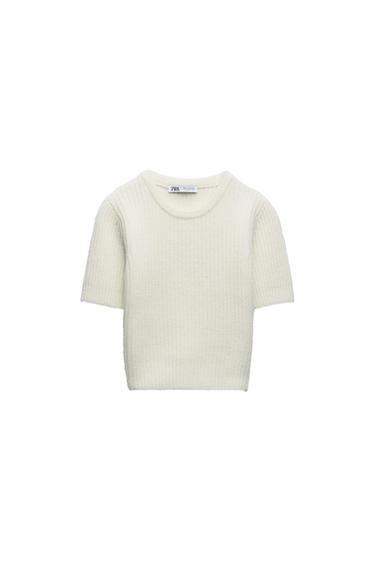 SHORT-SLEEVE RIBBED KNIT SWEATER