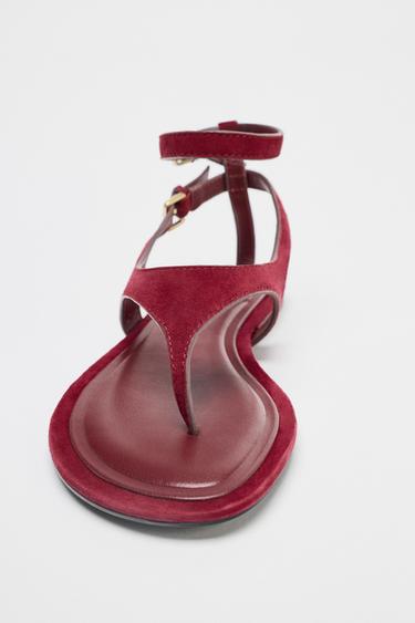 SANDALES PLATES  ENTREDOIGT EN DAIM - Rouge de Zara - Image 3