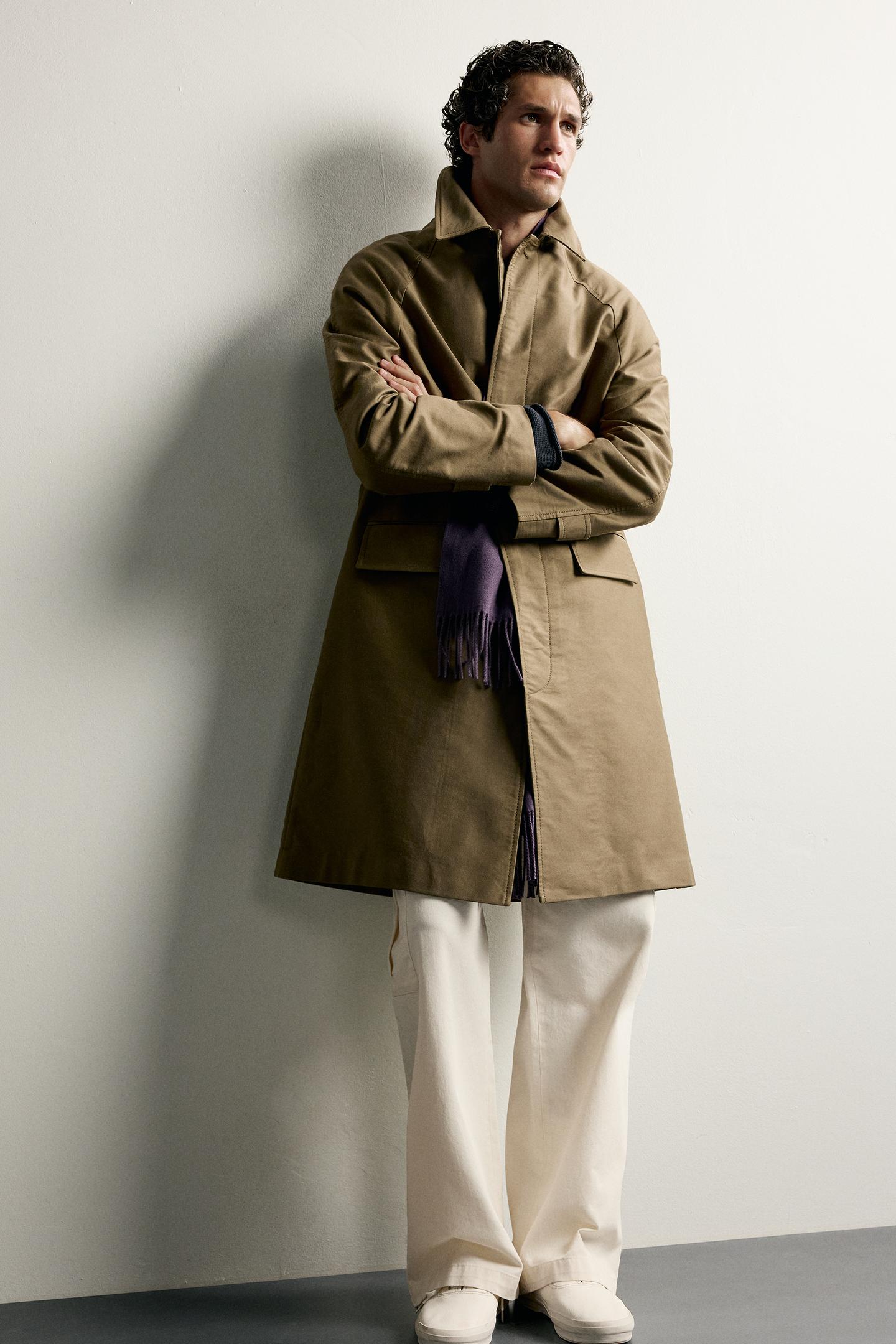 Мужское пальто Zara Cotton Regular-Fit Trench, цвет: Хаки — фото 7