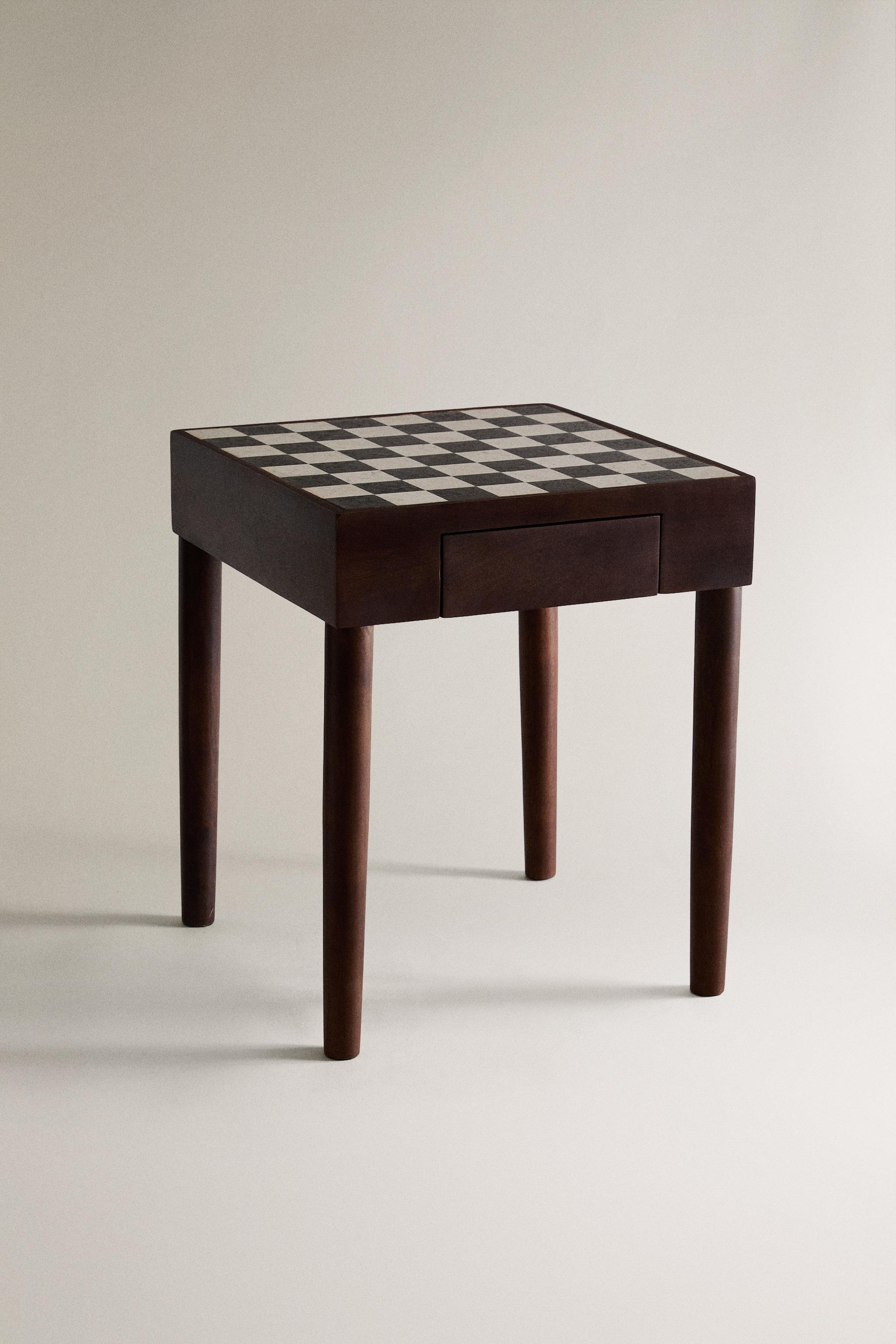 TEAK SIDE TABLE WITH MARBLE CHESS TOP