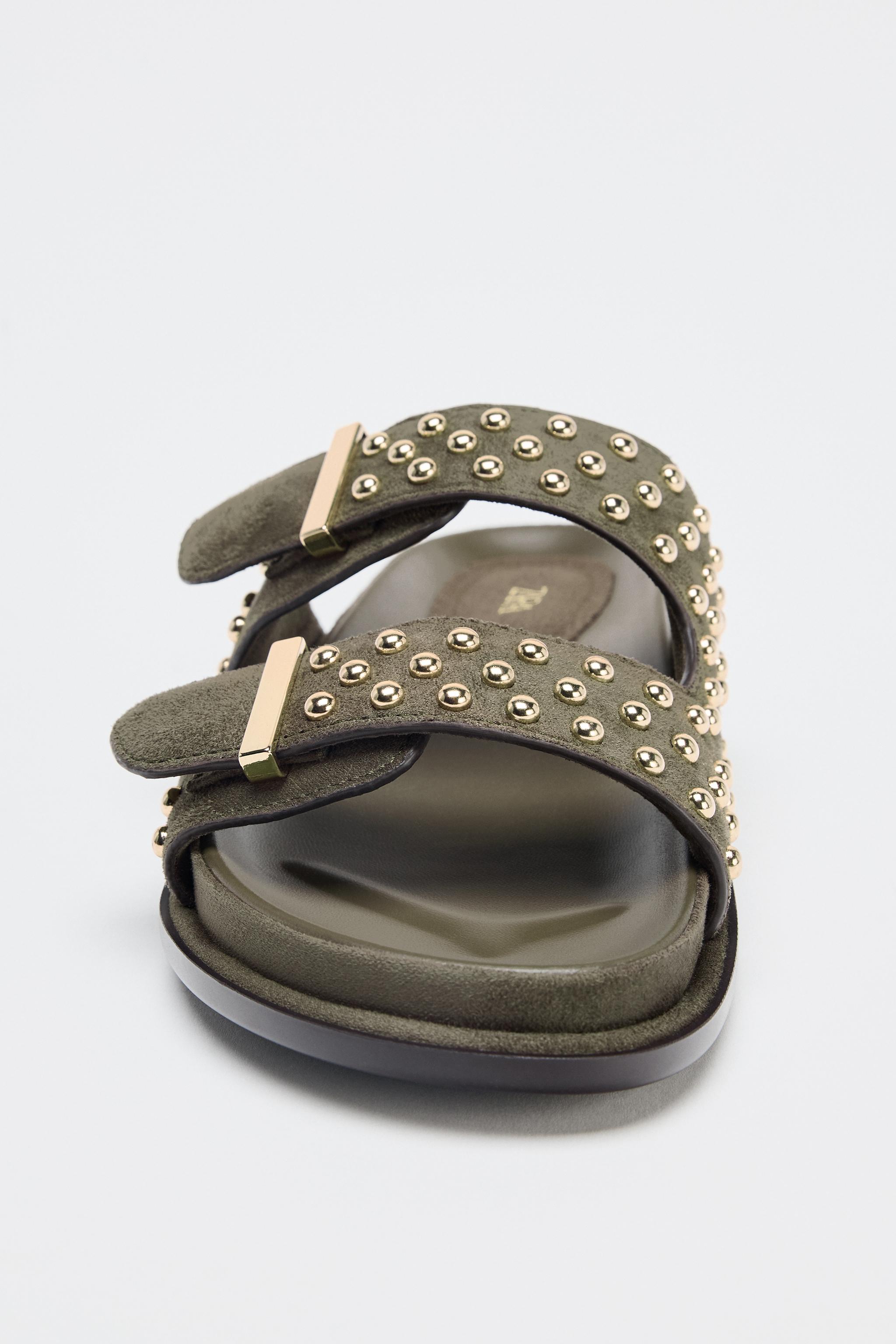 Zara Studded Slider Zara Beige Flat Genuine Leather Slider Sandals