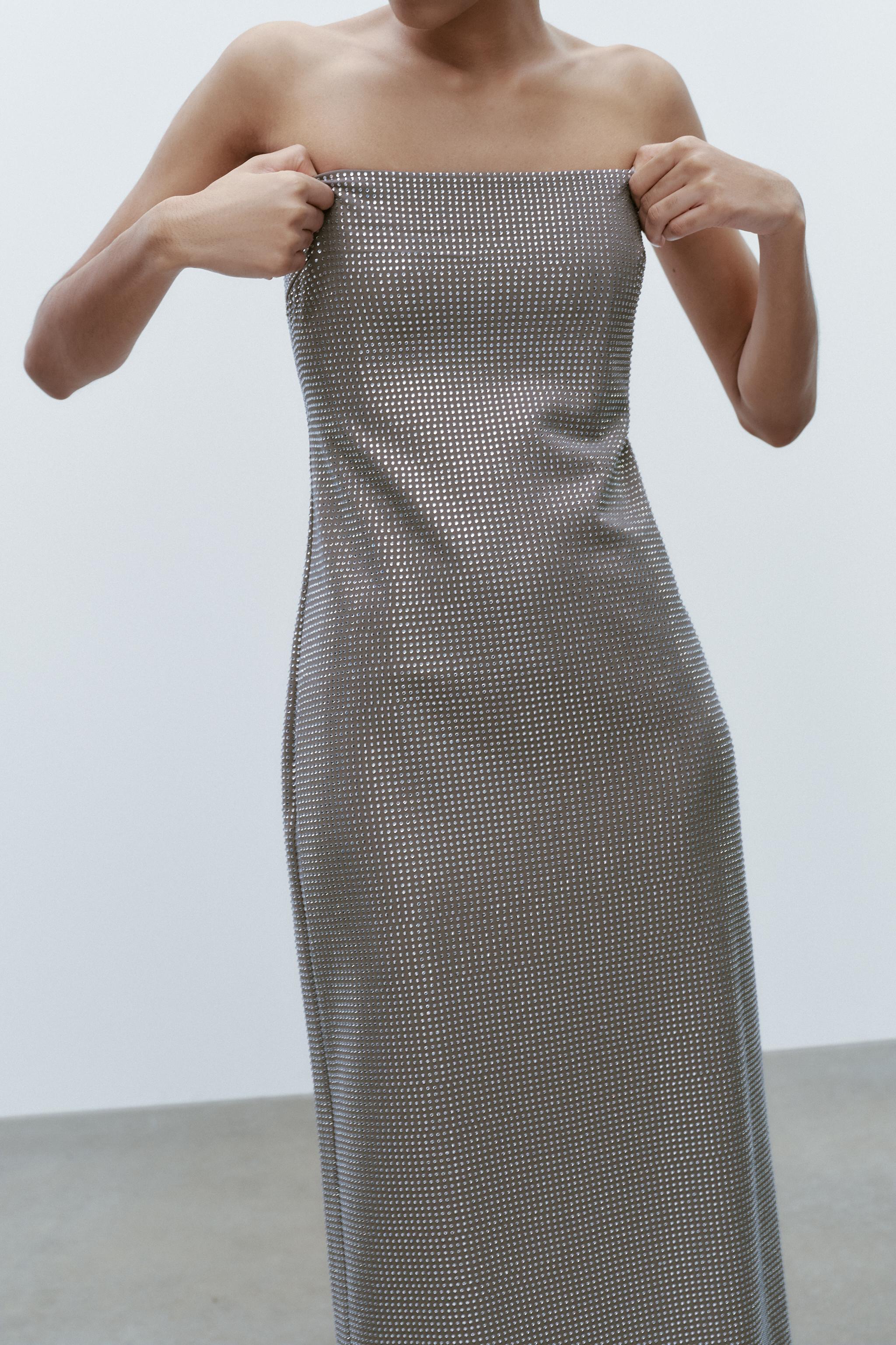 zara ラインストーン ストラップレスワンピース XS ラインストーン付きオフショルダーワンピース