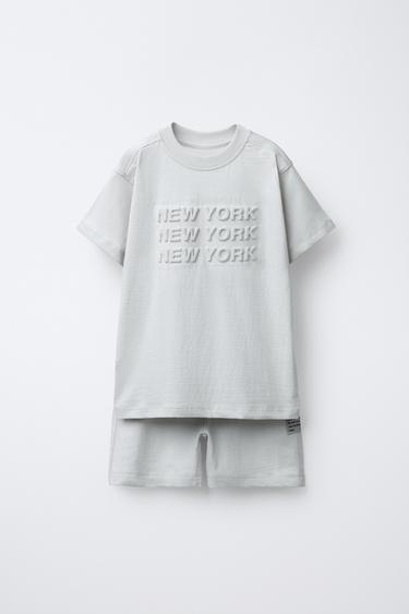 Zara T-SHIRT AND BERMUDA SET WITH RAISED TEXT - Ice