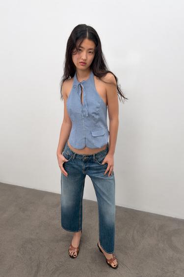 GINGHAM HALTER TOP - Navy / White by Zara