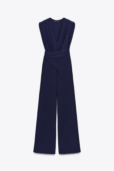 MACACÃO COMPRIDO DRAPEADO COM OMBREIRAS - Azul-marinho da Zara