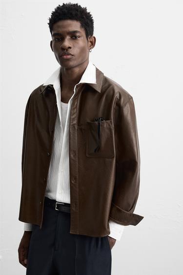 LEATHER OVERSHIRT - Brown by Zara