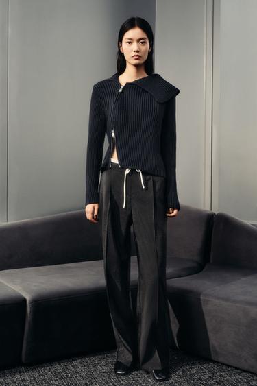 Zara 雙腰頭寬管長褲 - 黑色