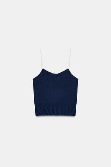 Zara STRAPPY KNIT TOP - Ecru / Blue