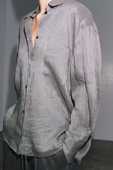 STRIPED LINEN-BLEND SHIRT ZW COLLECTION - Ecru / Blue by Zara