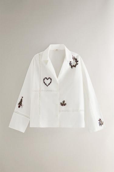 Zara CHRISTMAS EMBROIDERED SHIRT - Ecru - Image 0