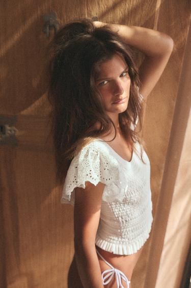 TOP EN MAILLE À BRODERIES PERFORÉES - Blanc de Zara - Image 1