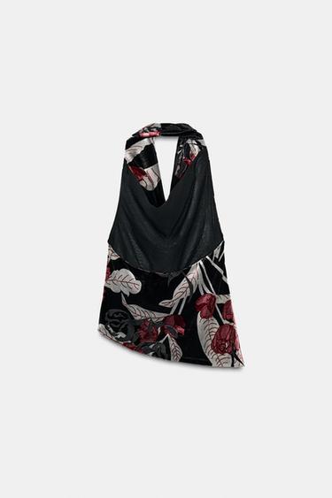 TOP HALTER EN VELOURS À FRANGES - Noir / fuchsia de Zara - Image 3