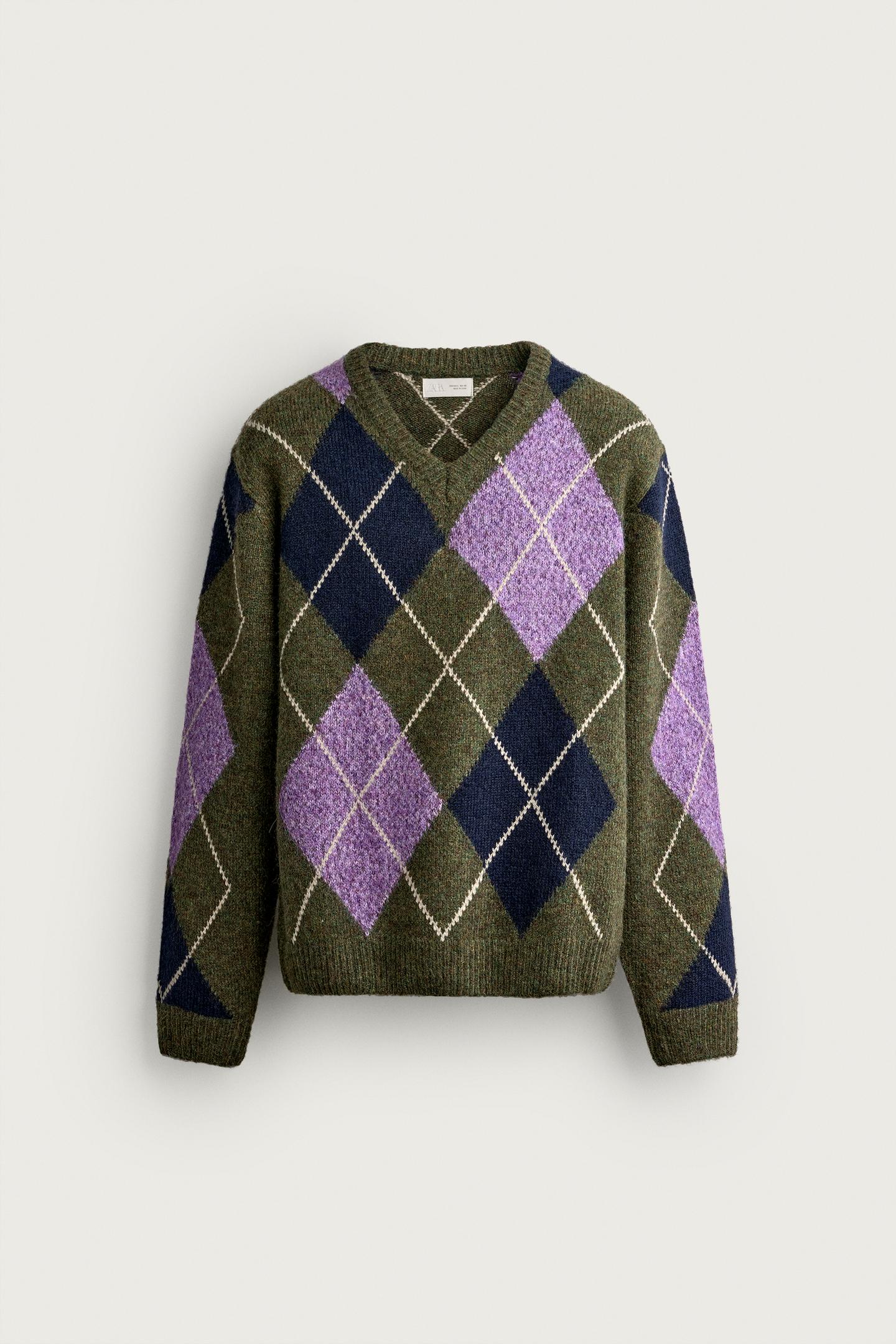 Мужской свитер Zara Geometric Jacquard, цвет: Зелёный — фото 8