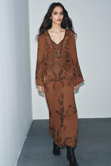 LIMITED EDITION BEADED GEORGETTE DRESS - Brown by Zara