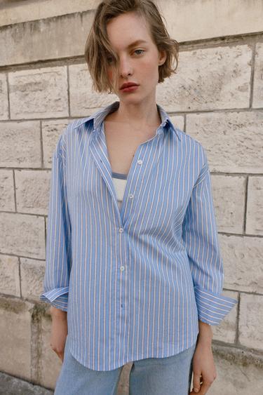 Zara OVERSIZED SHIRT WITH BELTED T-SHIRT - Blue / White