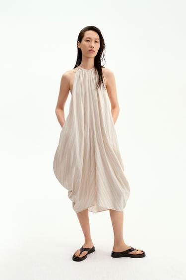 Zara ZW COLLECTION 亞麻混紡削肩洋裝 - 條紋