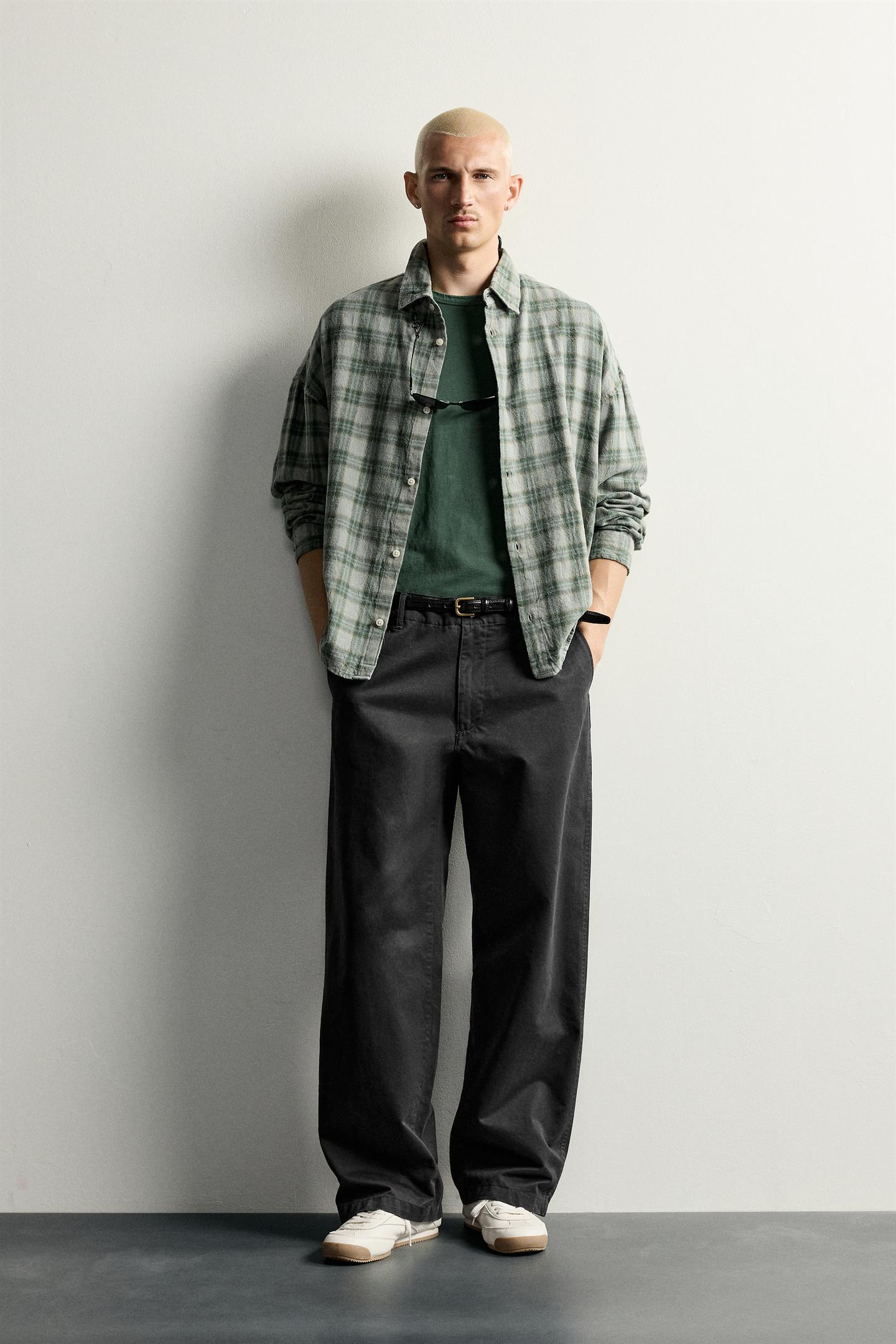 Мужская рубашка Zara Cropped Plaid, цвет: Зелёный — фото 1