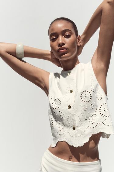 TOP WITH CUTWORK EMBROIDERY - White by Zara - Image 3