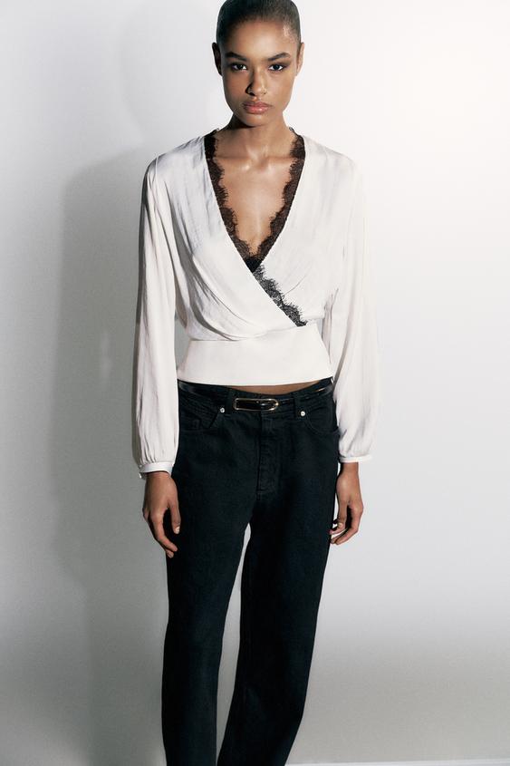 BLOUSE SATINÉE DENTELLE - Écru de Zara - Image 2