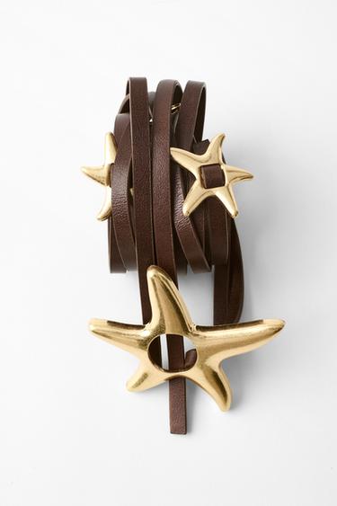 Zara 100% LEATHER DOUBLE STAR BELT - Brown