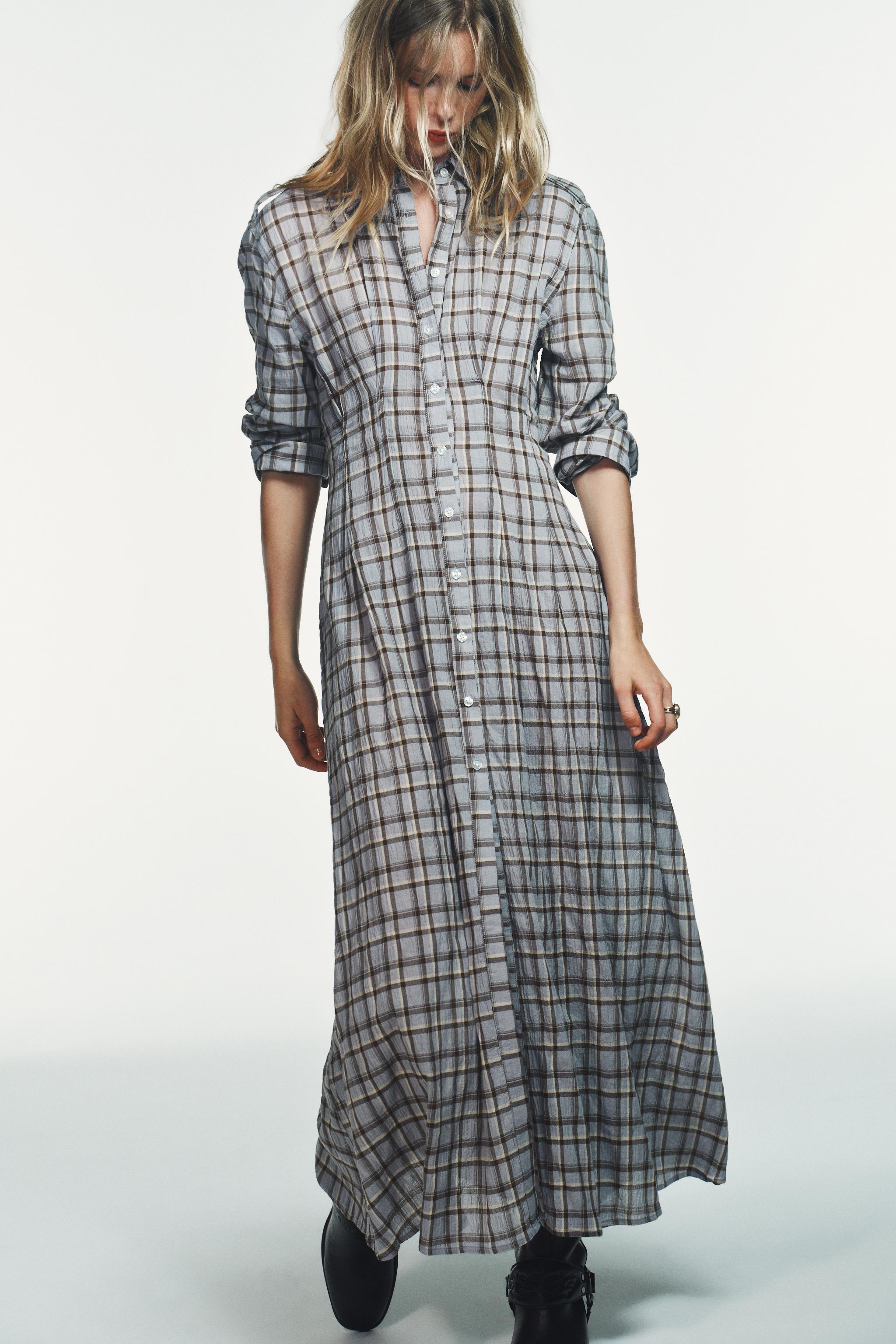 chinese dress ladies Stand Collar Womens Plaid Shirt Dress  Colorlinen