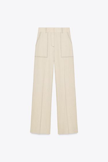 PANTALON DROIT SURPIQÛRES AVEC LIN - Beige clair de Zara - Image 3