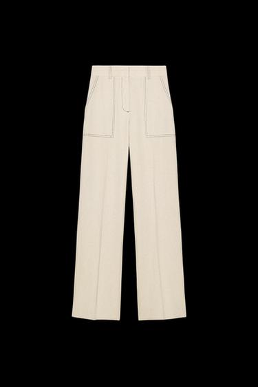 Zara LINEN STRAIGHT LEG PANTS WITH TOPSTITCHING - Light beige - Image 0