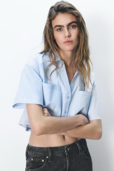 CAMISA CORTA POPELÍN - Azul de Zara