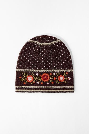 GORRO BEANIE TOPOS BORDADOS FLORES - Marrón de Zara