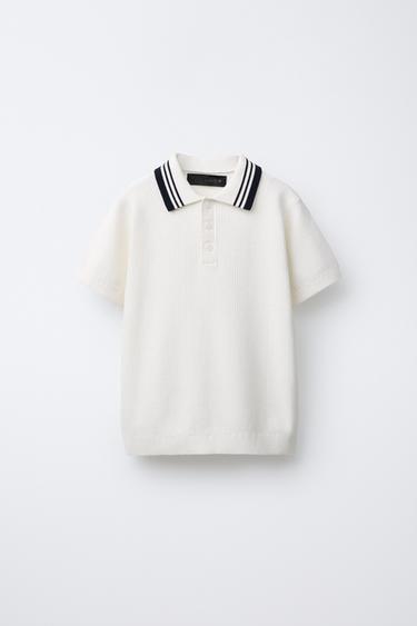 პოლო მაისური უბრალო ფაქტურული - Zara-ს Ecru / Navy