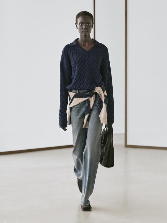 Cotton blend knit polo collar sweater