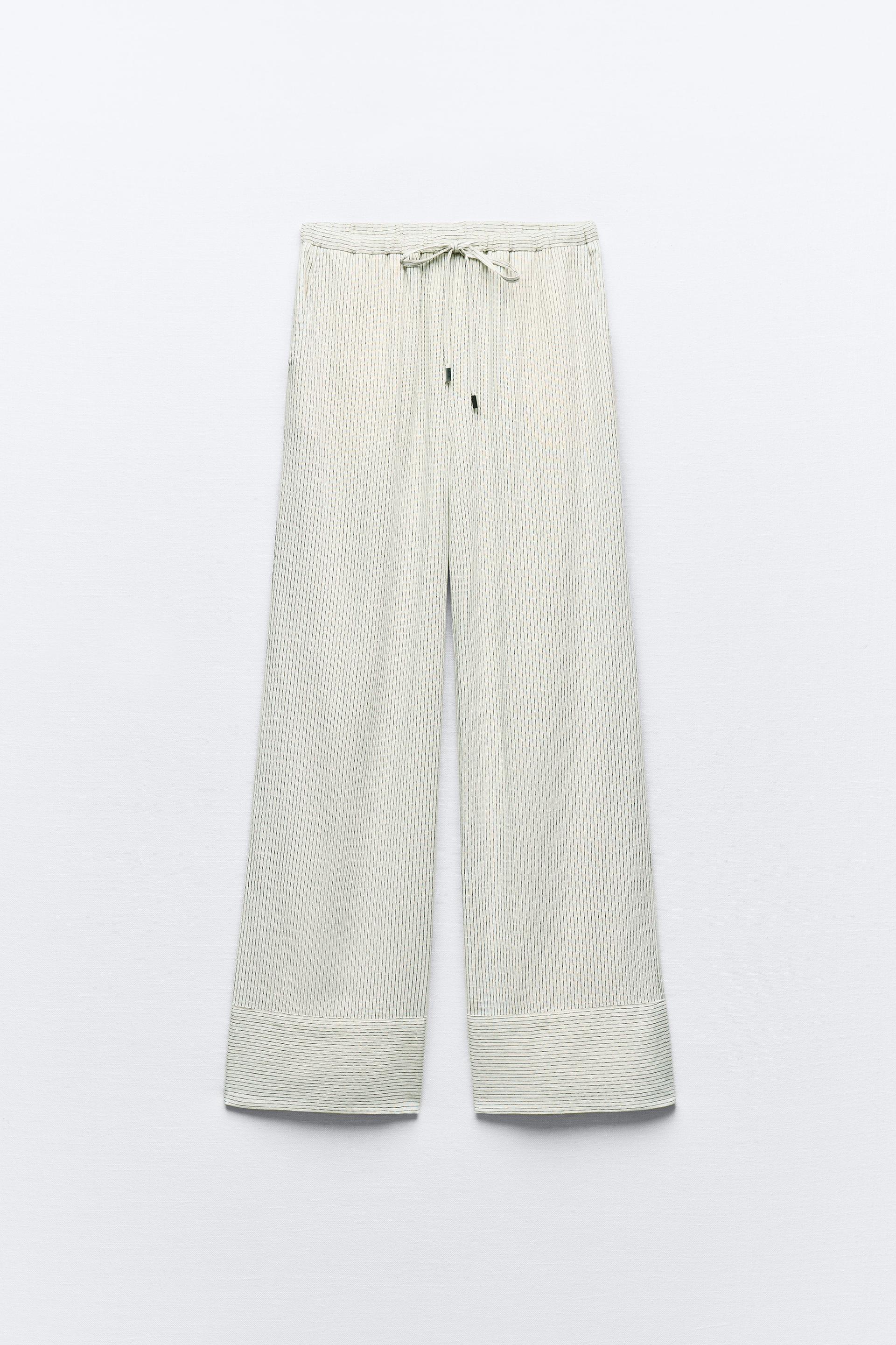 STRIPED LINEN BLEND WIDE-LEG TROUSERS