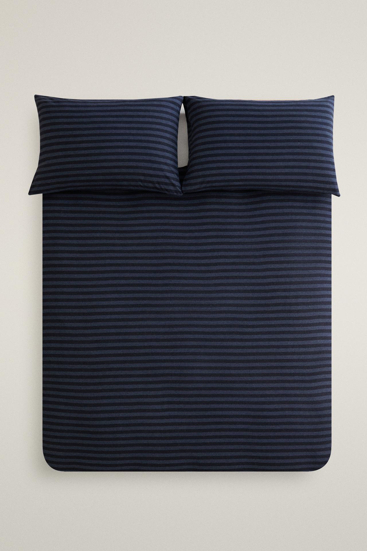 STRIPED COTTON JERSEY DUVET COVER — Blue