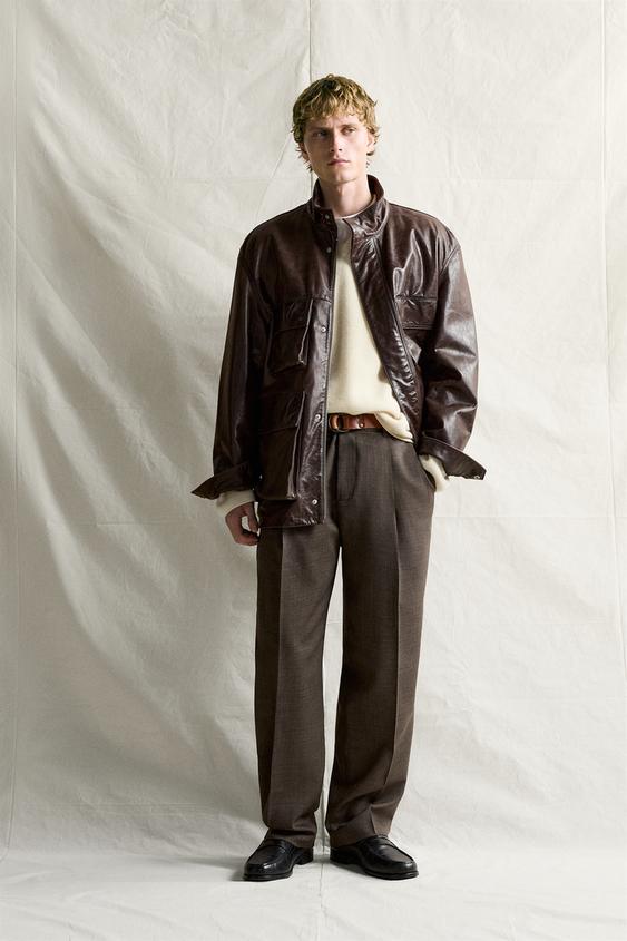 UTILITY POCKET LEATHER JACKET - Brown by Zara - Image 0