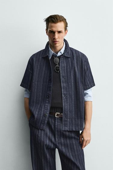 CAMISA RELAXED FIT JACQUARD ÀS RISCAS - Azul da Zara