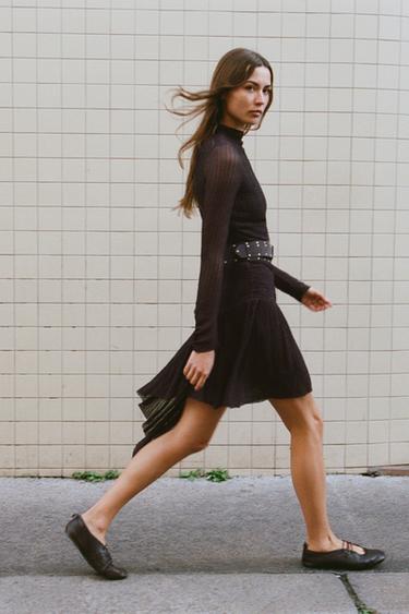 LEATHER LACE-UP BALLET FLATS - Brown by Zara
