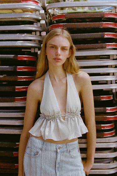 FOIL HALTER CROP TOP - Silver by Zara