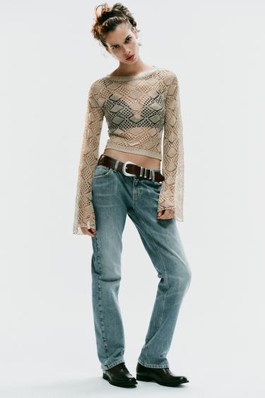 كنزة بياقة دائرية وأكمام واسعة - ذهبي الخاص بـ Zara