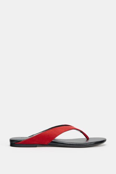 Zara FLAT LEATHER SANDALS - Red