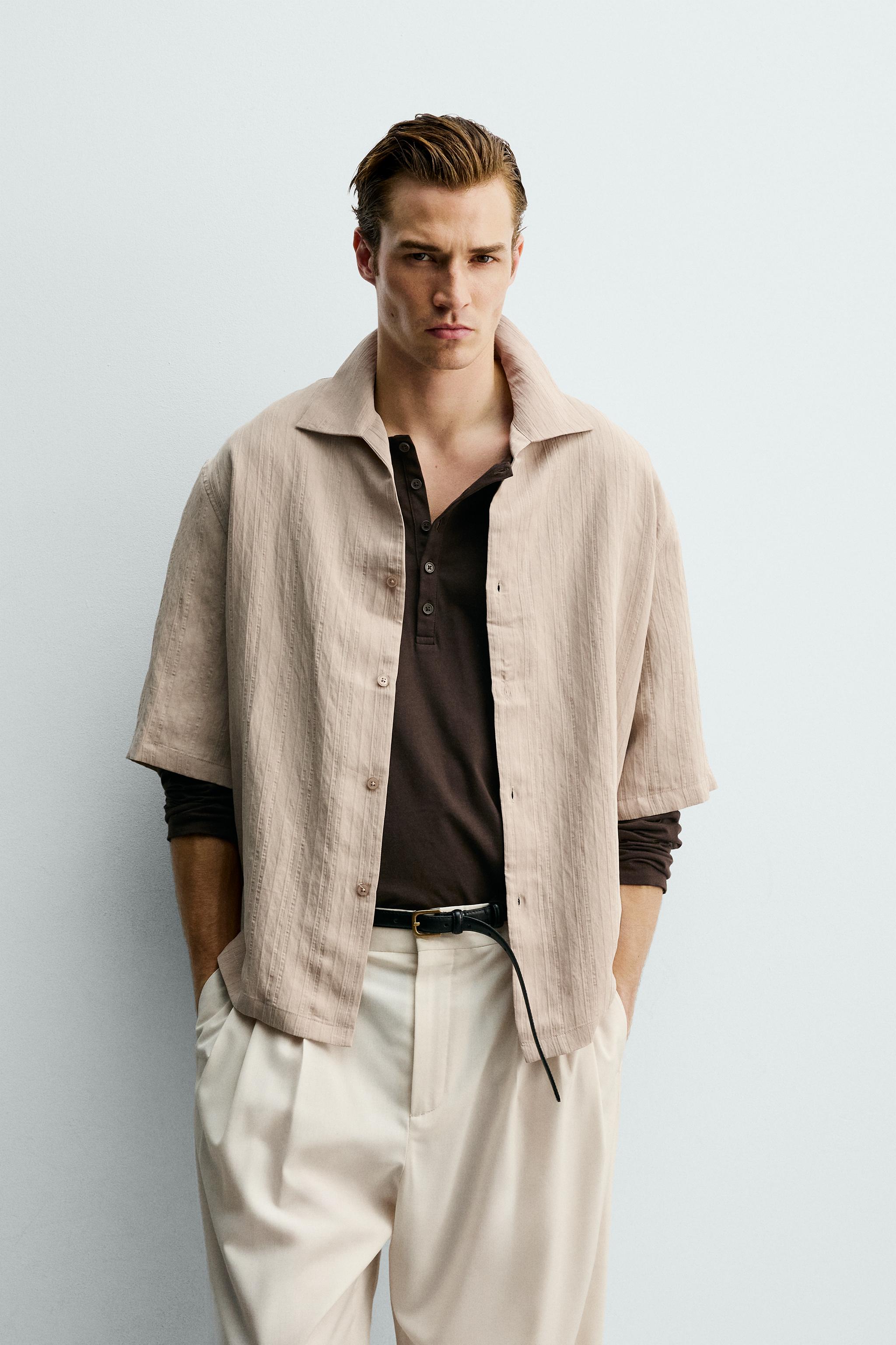 STRIPED JACQUARD BOXY FIT SHIRT — Ecru