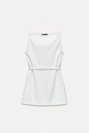 Zara LONG BELTED SOFT PIQUÉ TOP - Ecru