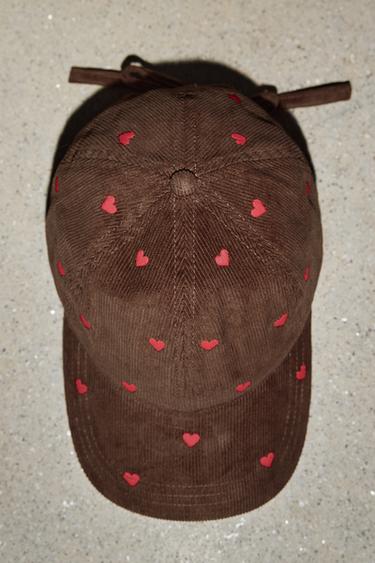 Zara CORDUROY CAP WITH HEART EMBROIDERY - Brown - Image 0